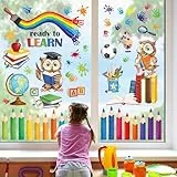 decalmile Fensteraufkleber Kinderzimmer Eule Bücher Lesen Fenster Abziehbilder Regenbogen Fensterbild Frühling Anti-Kollision Fensterfolie Dusche Glas Fensterdeko Aufkleber