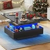 YITAHOME Couchtisch Höhenverstellbar, Wohnzimmertisch Hochglanz mit 2 Schublade und LED, Couchtische mit Verstecktem, Kaffeetisch Fach Umwandelbar in Esstisch