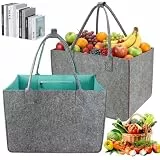 2 Stück Filztasche Groß Shopper - Tragetasche Groß, Faltbare Einkaufstasche mit Fächern und Innentasche, Kaminholztasche, Zeitungskorb, Tragetasche für Einkaufswagen, Reisen, 40x27x27cm (Rot und Grün)
