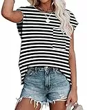 ANCAPELION Damen Casual T-Shirt Kurzarm Sommer Tops Lose Oberteile Rundhals Basic Bluse mit Tasche Streifen-Schwarz XL