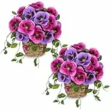 Hollyone 2 Stück Künstliche Blumen im Topf Rosa Künstliche Stiefmütterchen Blumen mit Geflochtenen Korb Klein Kunstblumen Deko Pflanze für Bauernhäuser Zuhause Regal Tischdeko