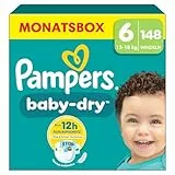 Pampers Baby-Dry Größe 6, 148 Windeln, 13kg-18kg, Bis zu 100% Auslaufschutz & Komfort die ganze Nacht