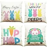 BINXWA Ostern Kissenhülle, 4 Stück Hase & Laster, Frohe Ostern Deko, Baumwolle Leinen Kissenbezug, 45 x 45 cm, Moderner Osterdeko & Geschenke