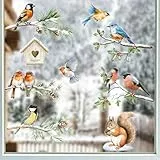 BETESSIN Fensterbilder Winter Vögel - 6 Bögen Weihnachten Fensterbilder Selbstklebend - Statisch Haftende Fensteraufkleber - Wiederverwendbare Fensterdeko für Winter und Weihnachten