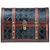 Brynnberg Schatztruhe „Watson 38x23x27“ – Große Schatzkiste mit Henkel, Schwarz Karo Muster Braunes Holz Mit Deckel, Schloss Und Schlüssel, Piratenkiste Verschließbar, Aufbewahrungsbox