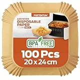 PORTENTUM Backpapier für Heißluftfritteusen, 100 Stück, BPA-frei, 20 × 24 cm, antihaftbeschichtet, wasserdicht und ölbeständig, Einweg-Pergamentliner, quadratisch, passend für Airfryer 4,7–7,3 L