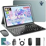 MENTUME Android 16 Tablet 10 Zoll mit Gemini AI, Tablet mit Tastatur, Maus & Stylus, Octa-Core, 24 GB RAM + 256 GB ROM + 1 TB TF, 1920x1200 HD Display, 8MP + 13MP Kamera, 6000 mAh (Blau + Grün Hülle)