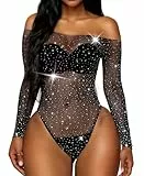 RSLOVE Damen Bodysuit Fischnetz mit Strass-Verzierung Overall Catsuit Schwarz Einheitsgröße