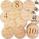 OLGS Meilensteinkarten Holz Baby | 40 Meilensteine inkl. Stoffbeutel | Geschenkidee für werdende Mütter & Eltern | Kind, Geburt, Schwangerschaft verkünden Babyparty | 20 Holzscheiben - Rund Ø 10cm