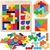 Wooderma 3D Puzzle Tetris Spiel Kinder, Montessori Spielzeug, 3 in 1 Holzpuzzle Kinder, Tangram Puzzle, Kreativ Lernspielzeug, Geschicklichkeitsspiele ab 3 4 5 Jahre, Geschenk für Jungen Mädchen