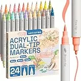 Artistro 24 Acrylstifte – Dual Tip (Pinsel & Fein) Marker für Stoff, Leinwand, Stein, Glas, Holz – Kalligrafie, Scrapbooking Zubehör, DIY & Geschenk für Kinder und Jugendliche – Kunstset