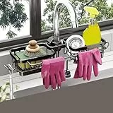 NINMORTH Hoppipola Küchenspüle Organizer ohne Bohren Geschirrkorb mit Handtuchhalter Platzsparend Wasserhahn Lagerregal Schwämme und Geschirrtücher Aluminium Schwarz/Grau/Silber