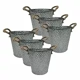Relaxdays Blumentopf Set, 6 Übertöpfe, gehämmerter Look, H x D: 16 x 15 cm, Kräutertopf mit Henkel, Eisen & Jute, Silber