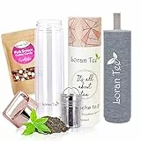 Loran - Teeflasche Teamaker mit Sieb to go 500 ml | Doppelwandig | Isoliert | Glasflasche mit Edelstahl Sieb | Trinkflasche mit Filter | BPA-frei Thermoflasche + Gratis Geschenk Pink Dream