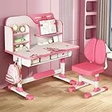 UDIYO Kinderschreibtisch Set mit Bücherständer, Höhenverstellbarer Schreibtisch mit Schubladen, Goldenes Distanzdesign Schreibtisch Kinder für Jungs & Mädchen (Rosa D)