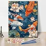 TISHIRON Malen nach Zahlen Erwachsene Premium, Farbenfrohe Koi & Lotusblüten im Teich, Malen für Erwachsene mit Leinwand, 16x20 Zoll