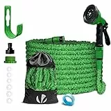 VOUNOT® Flexibler Gartenschlauch 15 m, Flexibel Wasserschlauch Dehnbarer mit 10 Sprühfunktionen, Schnelladaptern und Wandhalterung, Grün