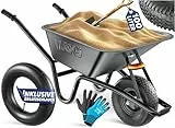 MASKO® Schubkarre Bauschubkarre Gartenschubkarre 100 Liter 250kg Luftreifen mit Stahlfelge + Ersatzschlauch Schubkarrenschlauch,verzinkt Stahlrahmen Garten Karre Schiebkarre Transportkarre Handschuhe