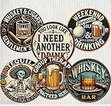 Vintage Bar Untersetzer Set, 6 Stück, Whiskey & Bier Design, Rund, Holz