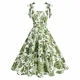 Odizli Rockabilly Kleider Damen Elegant Vintage 50er Jahre Petticoat Kleid Sommer Spaghettiträger Blumen A Linie Swing Knielang Sommerkleid Hochzeitsgast Festlich Cocktailkleid Abendkleid Grün S