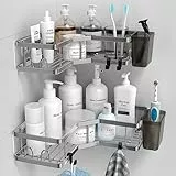 FINIBO Duschablage Ohne Bohren, 2 Stück Selbstklebend Eckregal Badezimmer Organizer, Duschregal Edelstahl mit 4 Haken und 2 Zahnpasta Halter, Schwarz Duschablage Duschkorb für Bad Küche