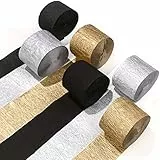 PartyWoo Krepppapier 6 Rollen 150 m, Kreppband Satz von Gold, Silber und Schwarz, Creppapier, Krepp Papier für Partydekorationen, Geburtstagsdekorationen, Hochzeitsdekorationen (4,5 cm x 25 m/Rolle)