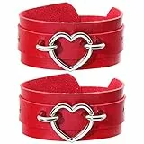 Manfnee 2er Pack Punk Goth Armband für Herren Damen Leder Herz Metall Nieten Manschette Breites Armband Rot