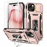 Doeshine Hülle für iPhone 15, Handyhülle mit 2 Stück Displayschutzfolie & Kameraschutz, 360° Rotate Metal Ring Ständer, Robust Fallschutz Case Outdoor Militär Schutzhülle für iPhone 15（Roségold）