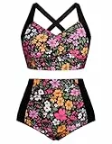 Hanna Nikole Damen Sommer Badeanzug Bauchkontrolle Swimsuit Crossback Bikini mit Boardshorts Schwarze & Bunte Blumen M
