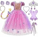 Timesun Puffärmel Angels Prinzessin Rapunzel Kostüm Kleid für Mädchen Kinder Halloween Karneval Party Verkleidung Perücken Kronen Zepter Ketten Ringe Ohrringe (glänzendes Lila, 110)