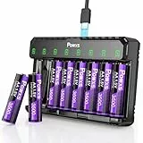 POWXS 8X 3500mWh AA Lithium Akkus mit 8-Fach Schnellladegerät mit LCD-Display | Schnelle Aufladung & 1.5V Konstante Leistung | Für Gamecontroller, LED-Lichter, Fernbedienung