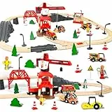 FORMIZON Holzeisenbahn Set Kinder, 87 Teiliges Holzeisenbahn Schienen und Zug Spielzeug, Modelleisenbahn-Set mit Elektrische Lok und Turmkran, Technik Triebwagen Set Geschenk für Jungen und Mädchen