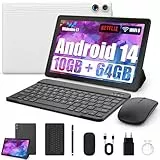Tablet 10 Zoll 8-in-1 Kit Android 14 Tablet PC mit Hülle Tastatur Maus Stift Kopfhörer Netzstecker Kabel Octa-Core 10 GB RAM 64 GB ROM 1TB TF Erweiterbar 1280x800 IPS Touchscreen 5000 mAh (Weiß)