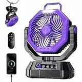 AJVV Camping Ventilator mit akku 20000mAh, Akku Ventilator mit Fernbedienung/LED Licht/270° Drehung, Tischventilator mit Haken/Powerbank/Stufenlose Geschwindigkeit, für Outdoor Reisen Angeln-Lila
