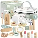 GAGAKU 16-TLG. Holz-Schminkkoffer für Mädchen ab 3 Jahren Kinderschminke-Set aus Holz mit realistischem Zubehör wie Lippenstift & Spiegel Perfektes Rollenspiel-Kosmetikset für Kinder