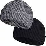 flintronic 2 Stücke Beanie Strickmütze, Beanie Mütze, Warme Wintermütze, Beanie Docker Mütze, Fischer Strickmütze, Damen Herren Unisex, Universalgröß - Dunkelgrau & Schwarz