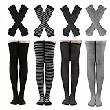 Barrlves 2/4 Sets Damen Gestreifte Kniestrümpfe Lange Strick Armstulpen Fingerlose Handschuhe für Halloween Weihnachten Kostüm, 4 Sets Solid Schwarz + Weiß + Tiefgrau + Grau, Einheitsgröße