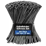 Lamondre 250 Stück kabelbinder schwarz, kabelbinder wiederverschließbar 250mm x 5mm,Nylon UV-Beständig