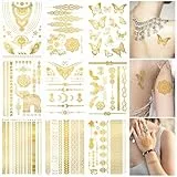 9 Blatt Temporäre Tattoos, Gold Festival Tattoos, Wasserdichte Klebetattoos Erwachsene, Festival Zubehör, Metallic Gesichtstattoo Glitzer zum Aufklebe,Festival Accessoires für Karneval Party (Gold)