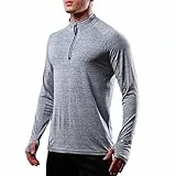 Herren Langarm Laufshirt, Schnelltrocknendes Funktions Sweatshirt, Base Layer Sportshirt, Reißverschluss am Stehkragen, Daumenlöcher, Reißverschlusstasche für Outdoor Fitness Wandern (Hellgrau;M)