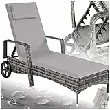 tectake Poly Rattan Gartenliege mit Rollen, 6-Fach höhenverstellbarer Liegestuhl, bis 120kg belastbar, Sonnenliege Rattan (wetterfest), Liege inkl. Polster und Kissen - grau/hellgrau