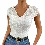 FYMNSI Damen Spitze Top Sommer V Ausschnitt Oberteile Elegant Durchsichtiges Spitzentop Shirt Kappen?rmel Blusen Tuniken Weiss Blusentop Basic L?ssige T-Shirt Party Hochzeit Cocktail Wei? XL
