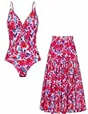 GRACE KARIN Damen Einteilige Badeanzug Monokini Straps Strandbadeanzug Zweiteiliger Badeanzug mit V Ausschnitt Bademode Schwimmanzug Rot XXL