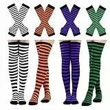 Barrlves 2/4 Sets Damen Gestreifte Kniestrümpfe Lange Strick Armstulpen Fingerlose Handschuhe für Halloween Weihnachten Kostüm, 4 Sets gestreift schwarz + orange + lila + grün, Einheitsgröße