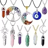 XIANNVXI 11pcs Kristalle Kette Damen Set Halskette Amethyst Steine Chakra Kette Rosenquarz Heilung Edelsteine Stein Evil Eye Mond Sonne Tree of Life Anhänger Ketten Reiki Schmuck Geschenke für Mama