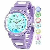 Juboos Neue 7-Farbige Kinderuhren, Kinderuhr Jungen Mädchen Analog Quartz Uhr mit Armbanduhr Kautschuk Wasserdicht Outdoor Sports Uhren 5-16 (Lila)