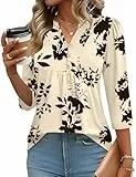 IECCP T Shirt Damen Casual 3/4 Arm Elegant V Ausschnitt Knopfleiste Oberteile Lockeres Top Lässige Boho Blusenshirt Apricot Schwarz Blumen M