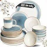 Moritz & Moritz TARENTO 24-tlg. Geschirrset 6 Personen Blau - Elegantes Teller Set aus hochwertigem Steinzeug - Geschirr Set aus 6x Dinnerteller, 6x Dessertteller, 6x Suppenteller und 6x Tassen