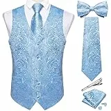 DiBanGu Herren-Set aus Seide, Paisleymuster, Weste und Krawatte, vorgebundene Fliege, formelle Weste für Hochzeit, Party, 6 Stück, Hell, blau, Small