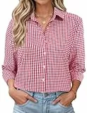 Rapbin Bluse Damen V-Ausschnitt Knopfleiste T-Shirt Langarm Tunika Tops Elegant Weihnachtsfarben Oberteile Rot Kariert XXL